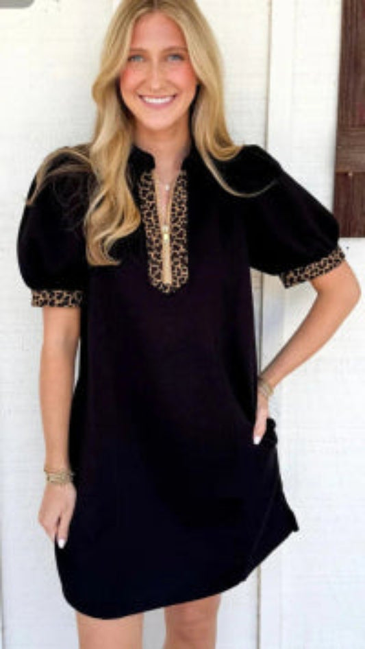 Black Leopard Patchwork Zip Collared Short Puff Sleeve Mini Dress