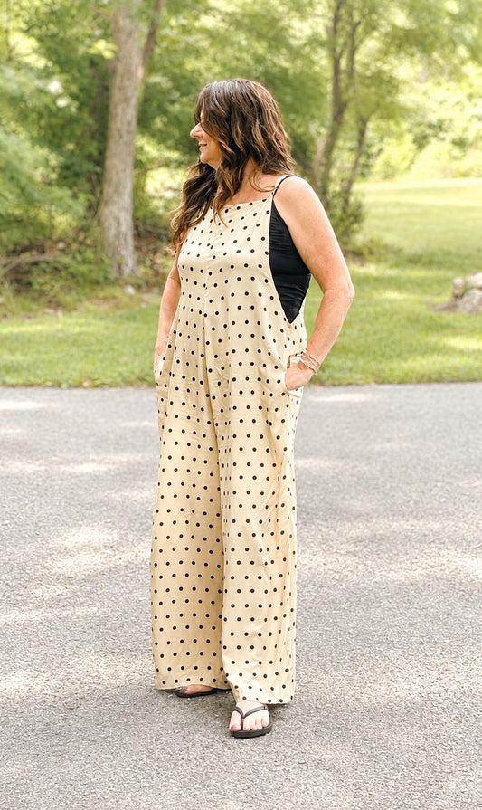 khaki polka dot spaghetti strap loose pocketed jumsuit