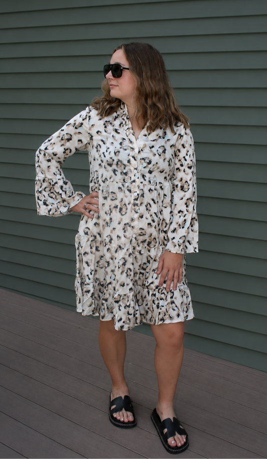 Khaki Leopard Print Buttoned Front 3/4 Sleeve Tiered Ruffled Hem Dress