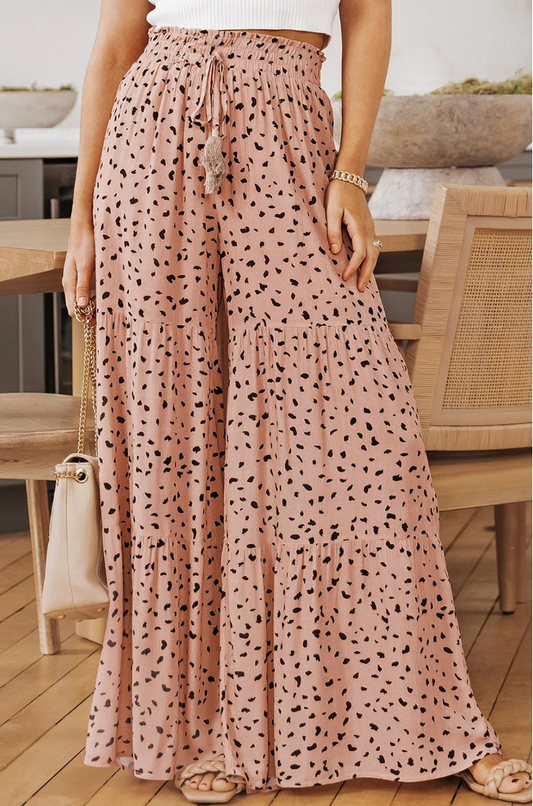 Brown Ruffle Wide Leg Dalmatian Palazzo Pants