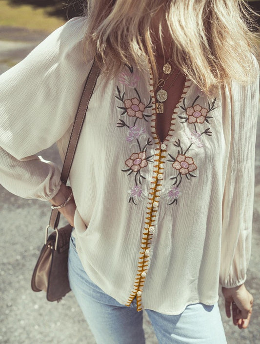 Floral Embroided Textured Puff Sleeve Loose Shirt