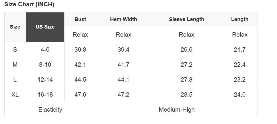 Size chart for clothing measurements in inches with US size labels.