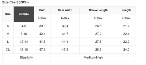 Size chart for clothing measurements in inches with US size labels.
