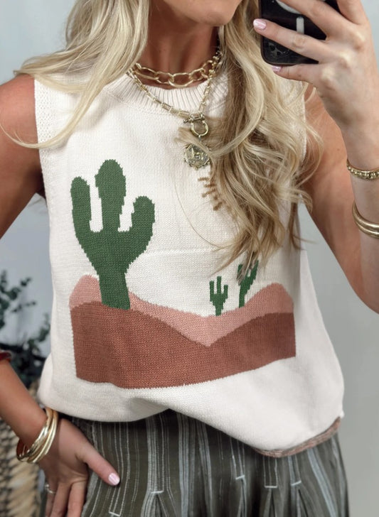 Multicolour Cactus Western Oasis Loose Sweater Vest