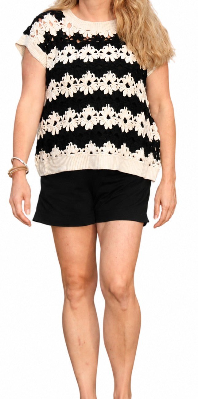 Alternating Floral Crochet Knit Drop Shoulder Top - DENIM & ONYX