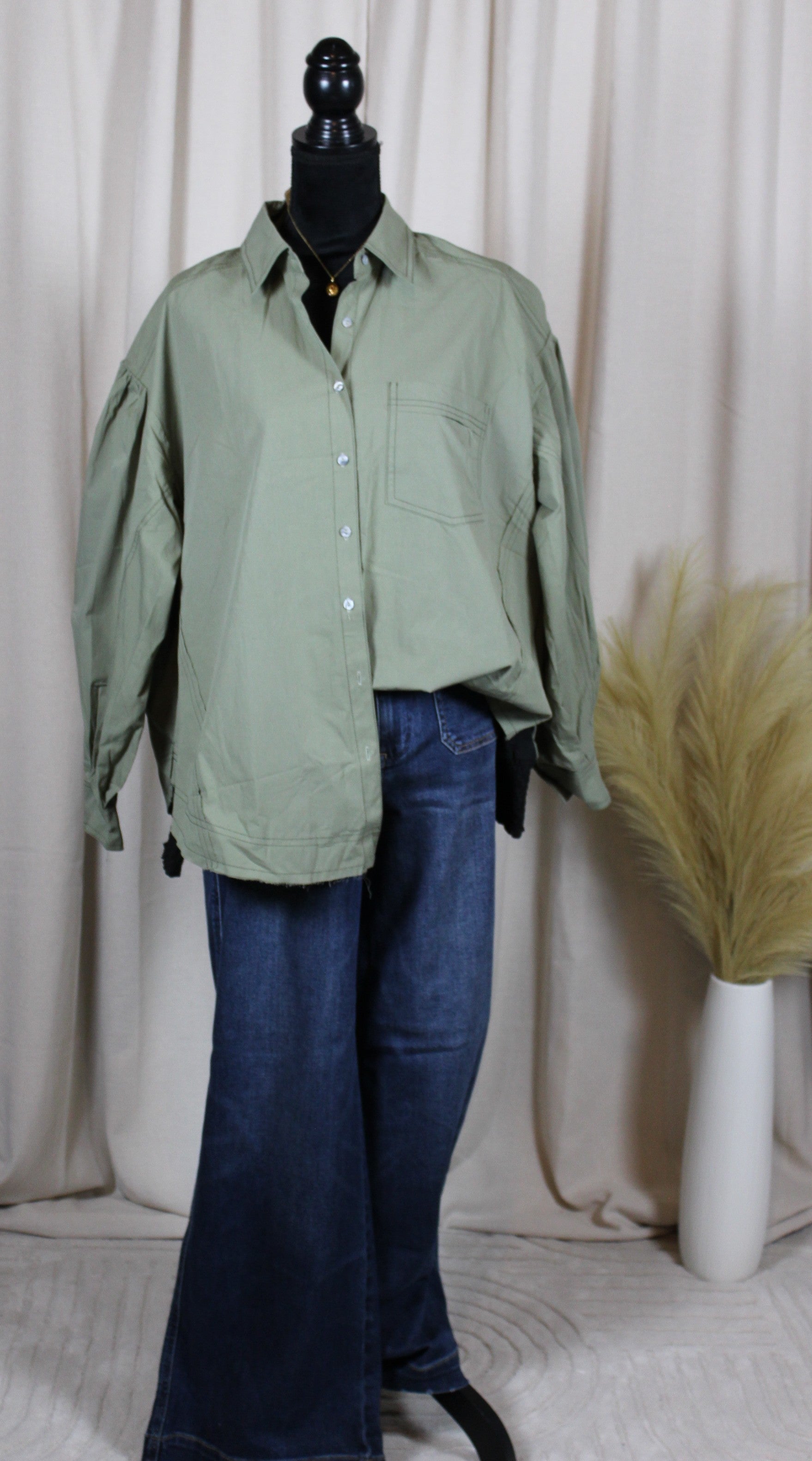 Balloon Sleeve Button Down - DENIM & ONYX