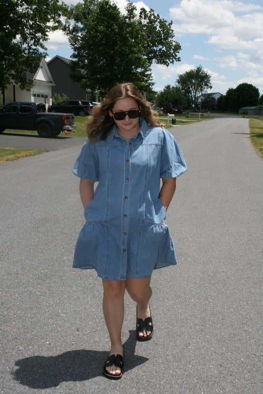 Beau Blue Button-Down Short Puff Sleeve Ruffle Hem Patchwork Denim Dress - DENIM & ONYX