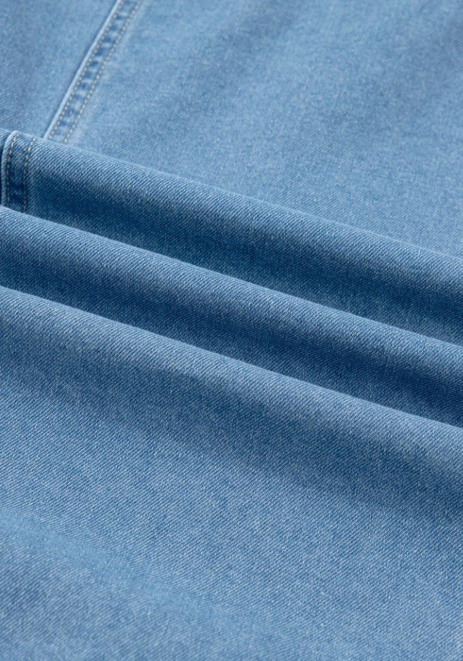 Beau Blue Button-Down Short Puff Sleeve Ruffle Hem Patchwork Denim Dress - DENIM & ONYX