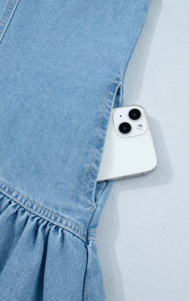 Beau Blue Button-Down Short Puff Sleeve Ruffle Hem Patchwork Denim Dress - DENIM & ONYX