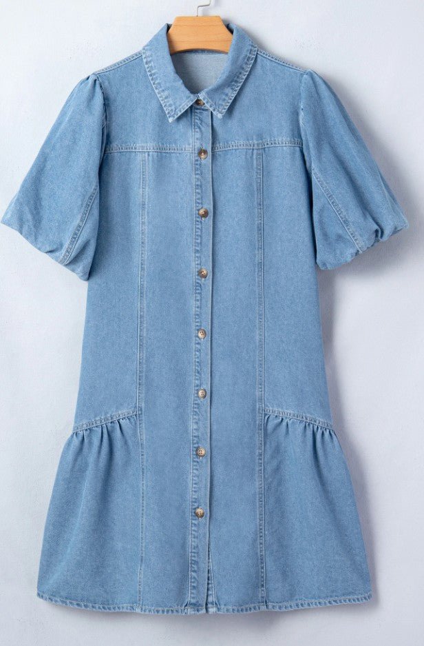 Beau Blue Button-Down Short Puff Sleeve Ruffle Hem Patchwork Denim Dress - DENIM & ONYX