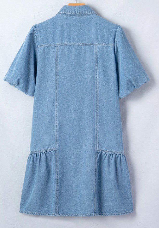 Beau Blue Button-Down Short Puff Sleeve Ruffle Hem Patchwork Denim Dress - DENIM & ONYX