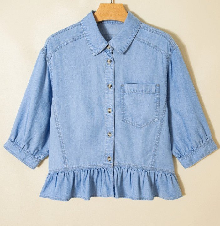 Beau Half Sleeve Button Down Ruffled Chambray - DENIM & ONYX