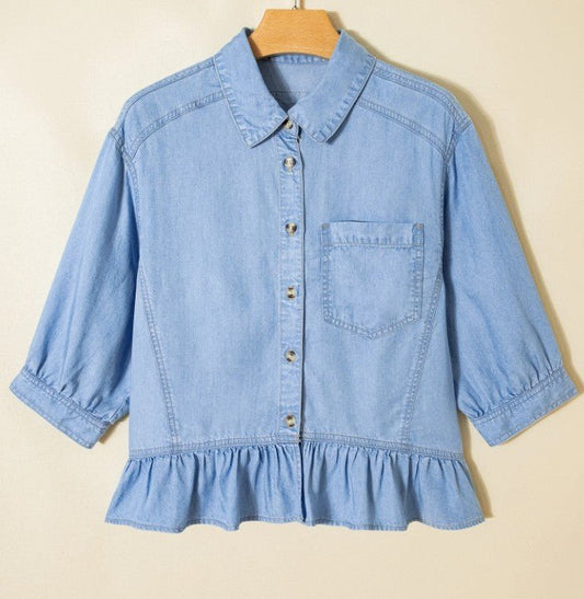 Beau Half Sleeve Button Down Ruffled Chambray - DENIM & ONYX