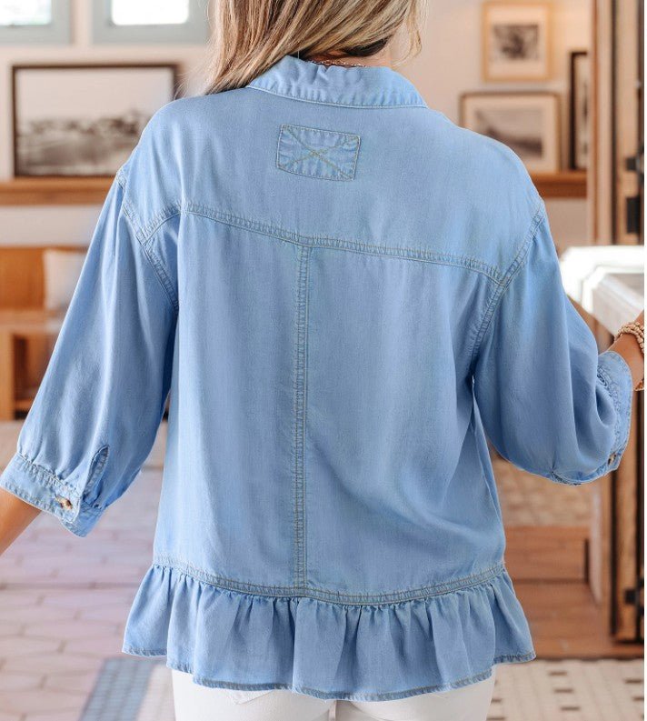 Beau Half Sleeve Button Down Ruffled Chambray - DENIM & ONYX