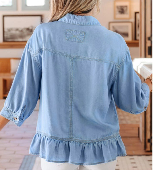 Beau Half Sleeve Button Down Ruffled Chambray - DENIM & ONYX