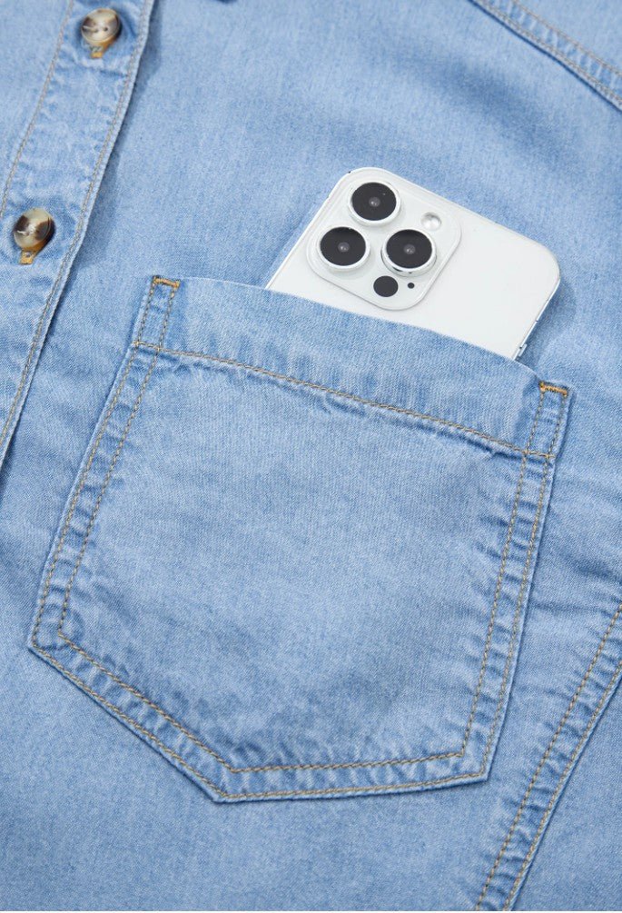 Beau Half Sleeve Button Down Ruffled Chambray - DENIM & ONYX