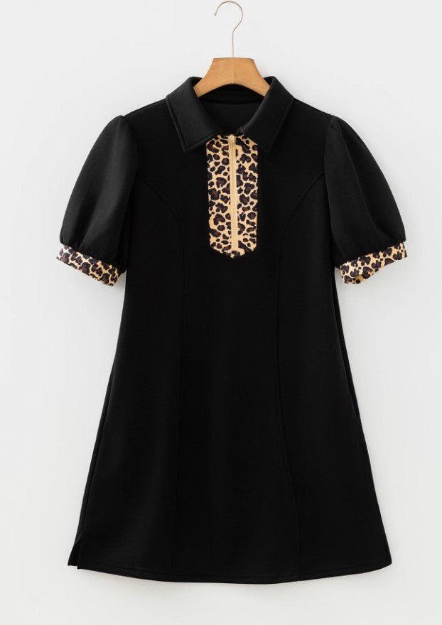 Black Leopard Patchwork Zip Collared Short Puff Sleeve Mini Dress - DENIM & ONYX