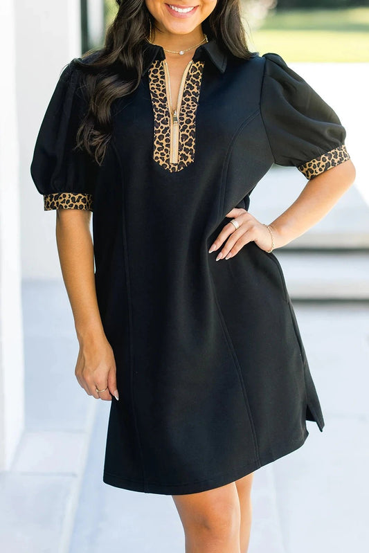 Black Leopard Patchwork Zip Collared Short Puff Sleeve Mini Dress - DENIM & ONYX