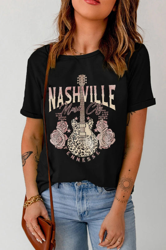 Black Nashville Music City Leopard Guitar Graphic T Shirt - DENIM & ONYX