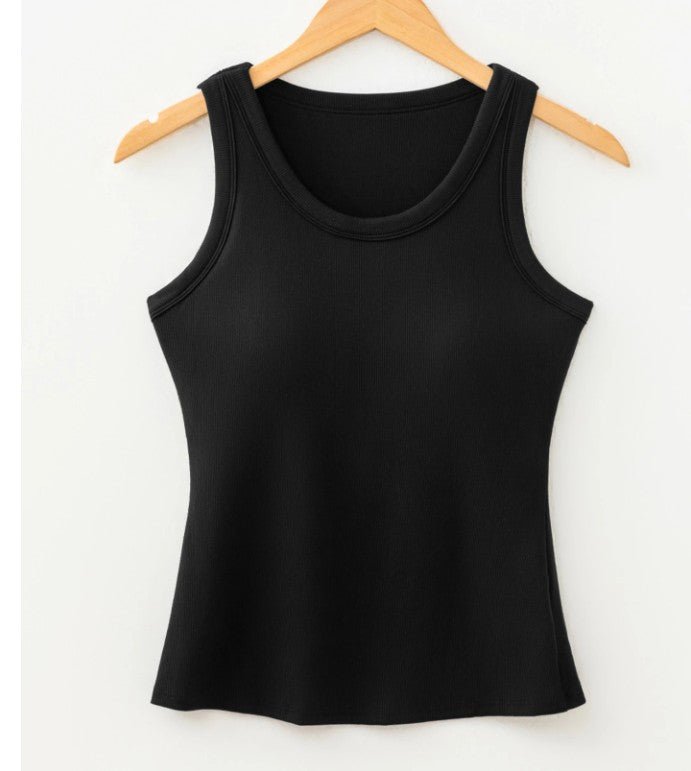 BLACK SLIM RIBBED PADDED TANK TOP - BUILT IN BRA - DENIM & ONYX
