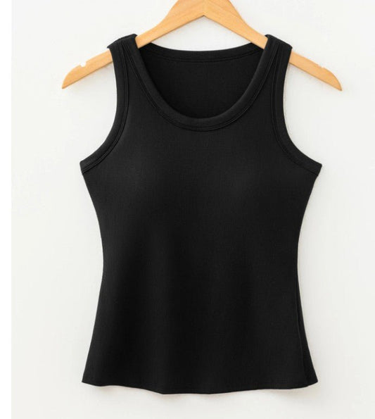 BLACK SLIM RIBBED PADDED TANK TOP - BUILT IN BRA - DENIM & ONYX