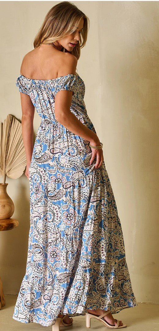 Blue Boho Paisley Print Off Shoulder Maxi Dress - DENIM & ONYX