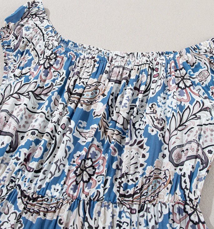 Blue Boho Paisley Print Off Shoulder Maxi Dress - DENIM & ONYX