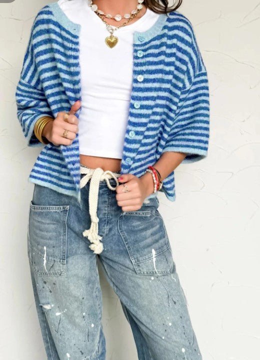 Blue Striped Loose Half Sleeve Knit Button Down Sweater Cardigan - DENIM & ONYX