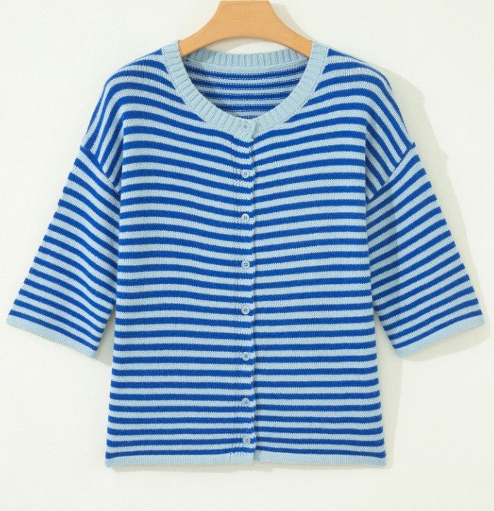 Blue Striped Loose Half Sleeve Knit Button Down Sweater Cardigan - DENIM & ONYX