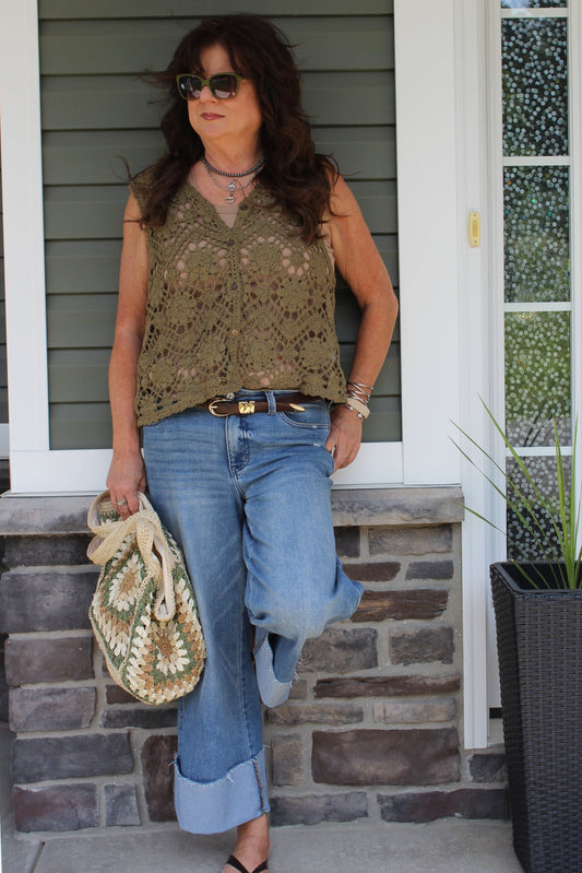 Boho Crochet Knit Button Vest - DENIM & ONYX
