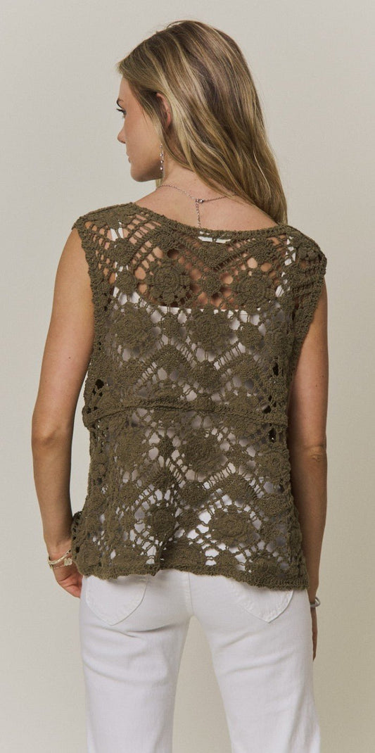 Boho Crochet Knit Button Vest To - DENIM & ONYX
