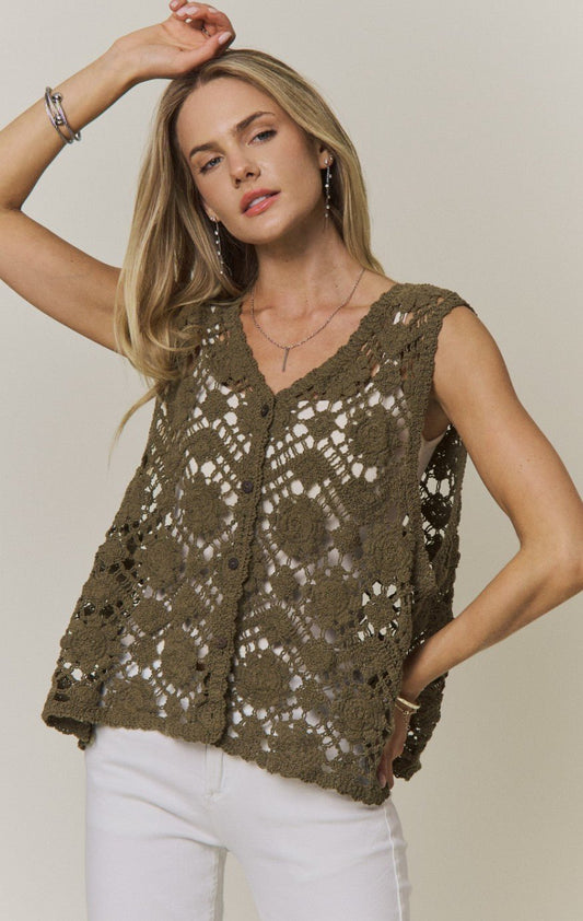 Boho Crochet Knit Button Vest To - DENIM & ONYX