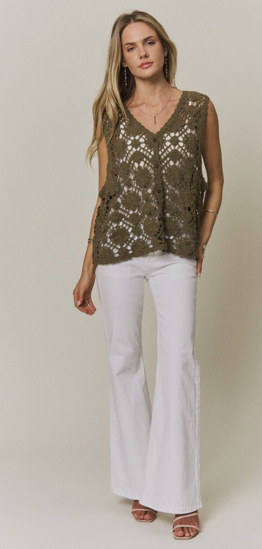 Boho Crochet Knit Button Vest To - DENIM & ONYX