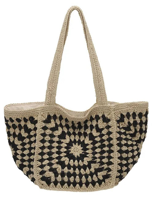 BOHO CROCHET STRAW BAG - DENIM & ONYX