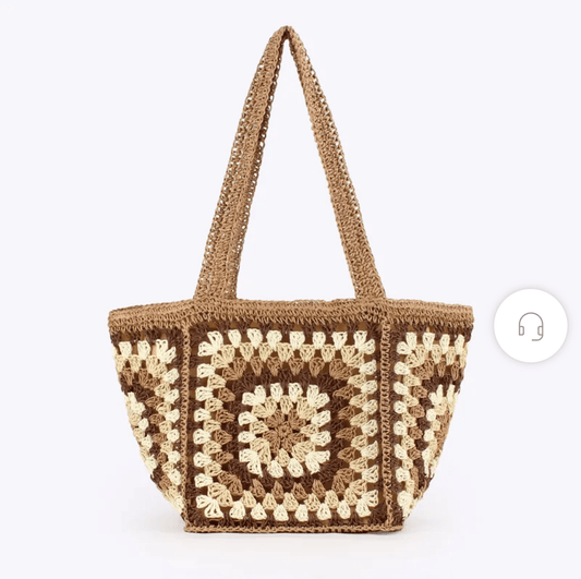 Boho Crochet Straw Bag - Beige - DENIM & ONYX