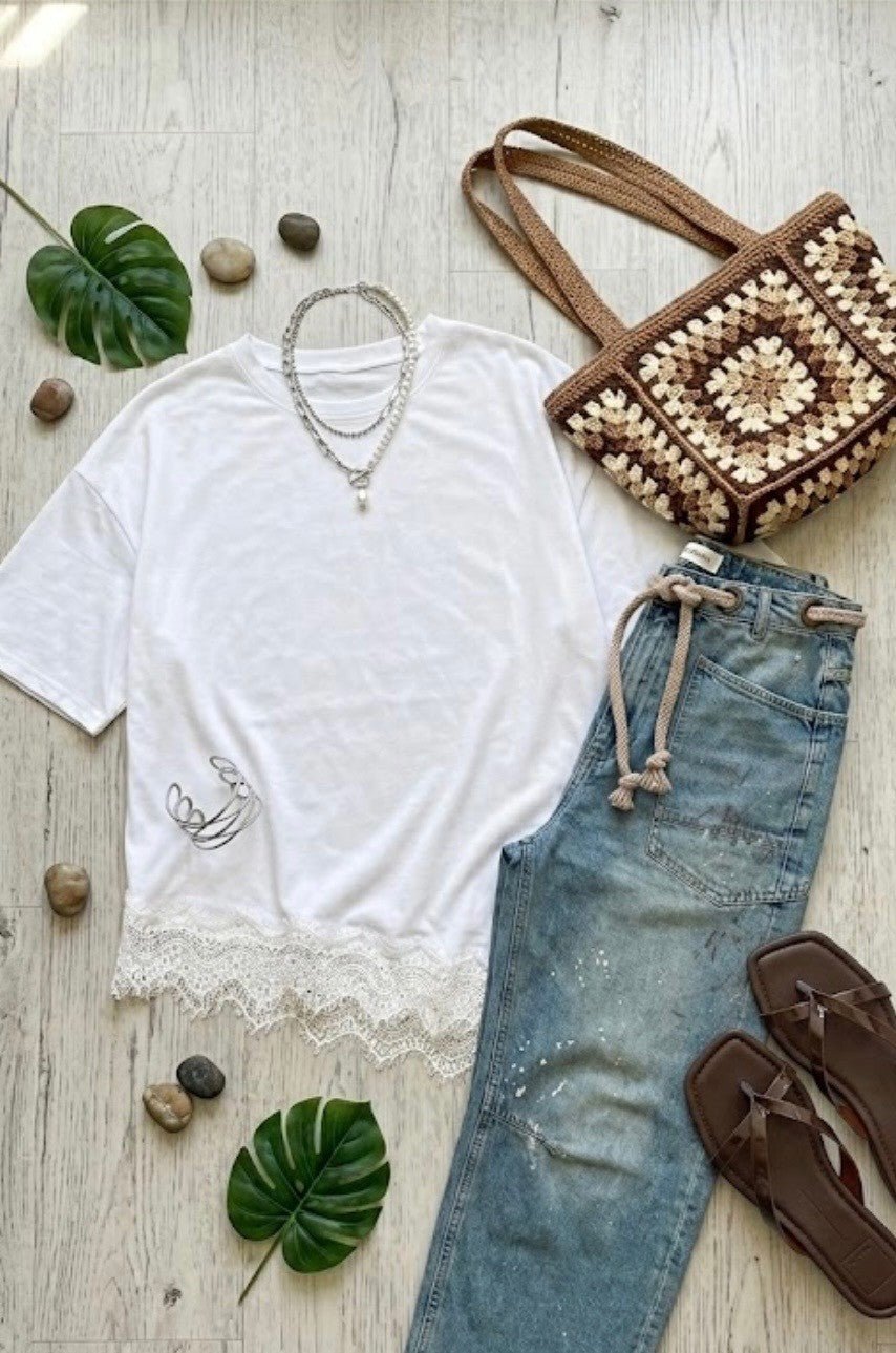 Boho Crochet Straw Bag - Beige - DENIM & ONYX