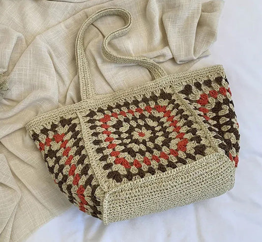 Boho Crochet Straw Bag - Rust - DENIM & ONYX