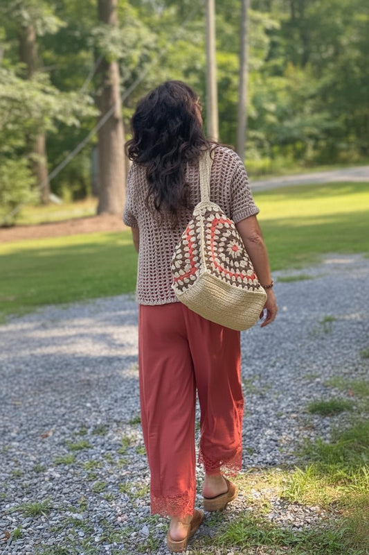 Boho Crochet Straw Bag - Rust - DENIM & ONYX