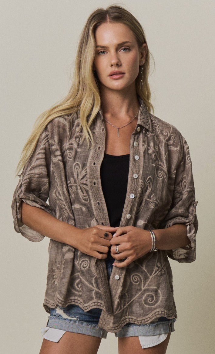 Boho Embroidered Button-down Top - DENIM & ONYX