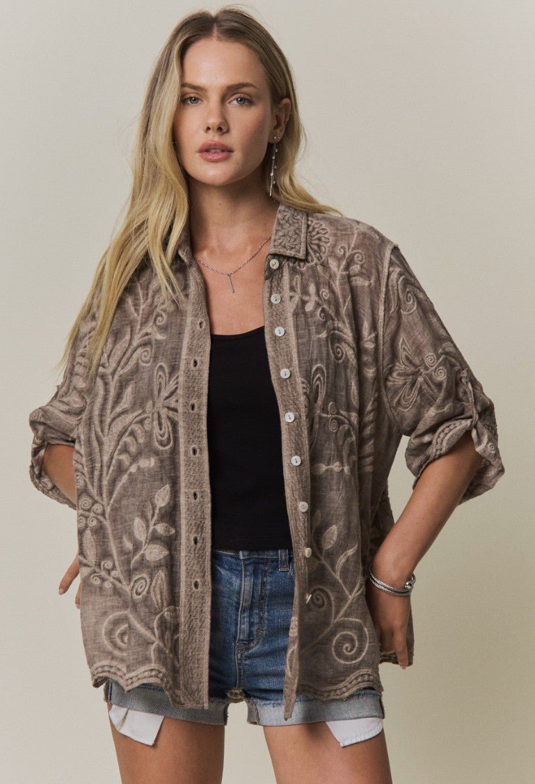 Boho Embroidered Button-down Top - DENIM & ONYX