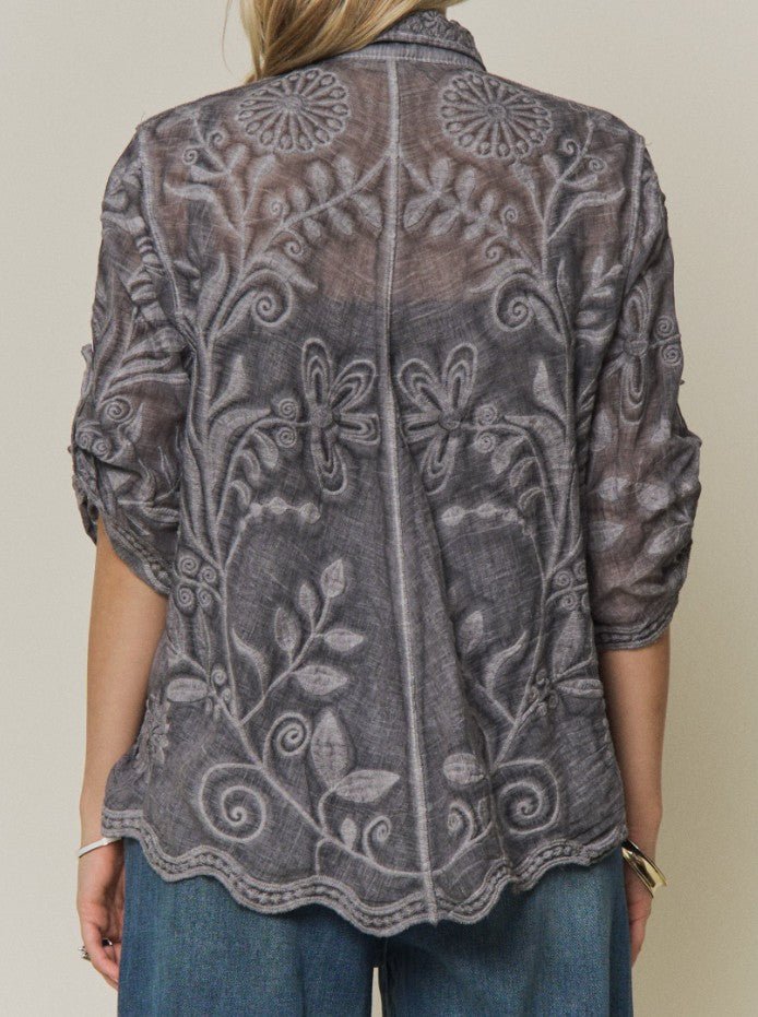 Boho Embroidered Button-down Top - DENIM & ONYX