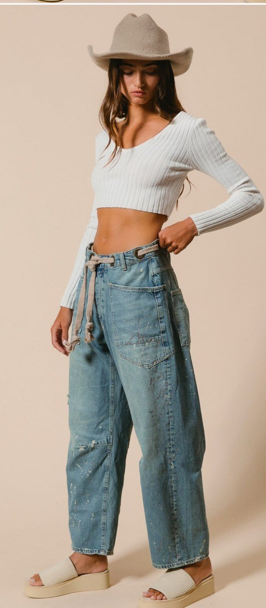 Braided Waist Belt Drip Paint Washed Denim Pants - DENIM & ONYX