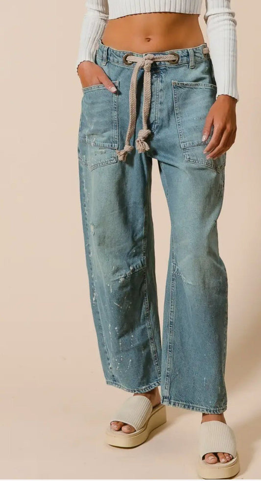 Braided Waist Belt Drip Paint Washed Denim Pants - DENIM & ONYX
