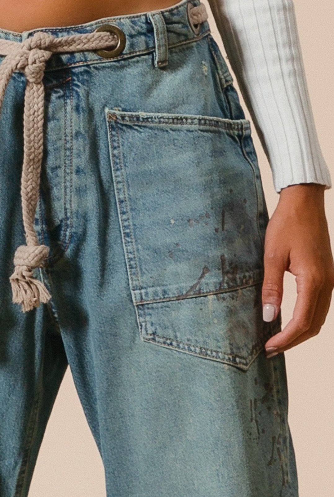 Braided Waist Belt Drip Paint Washed Denim Pants - DENIM & ONYX