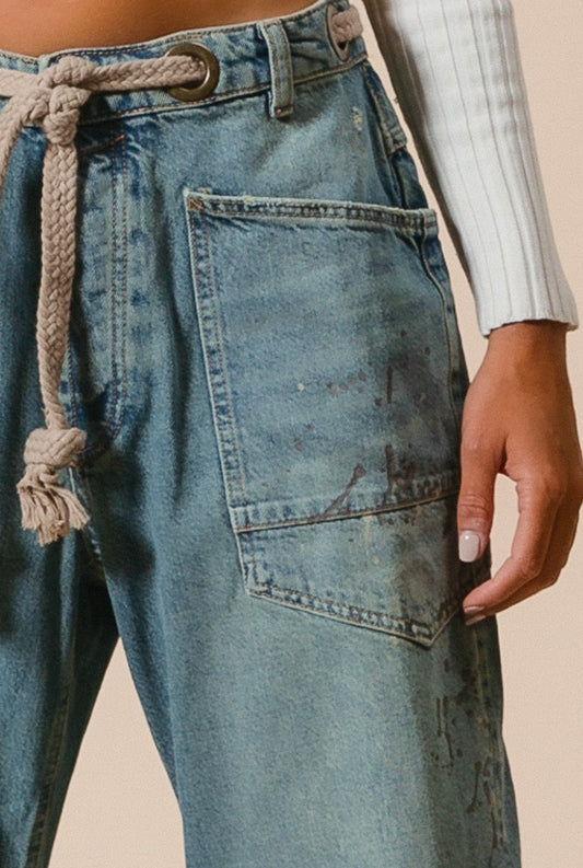 Braided Waist Belt Drip Paint Washed Denim Pants - DENIM & ONYX