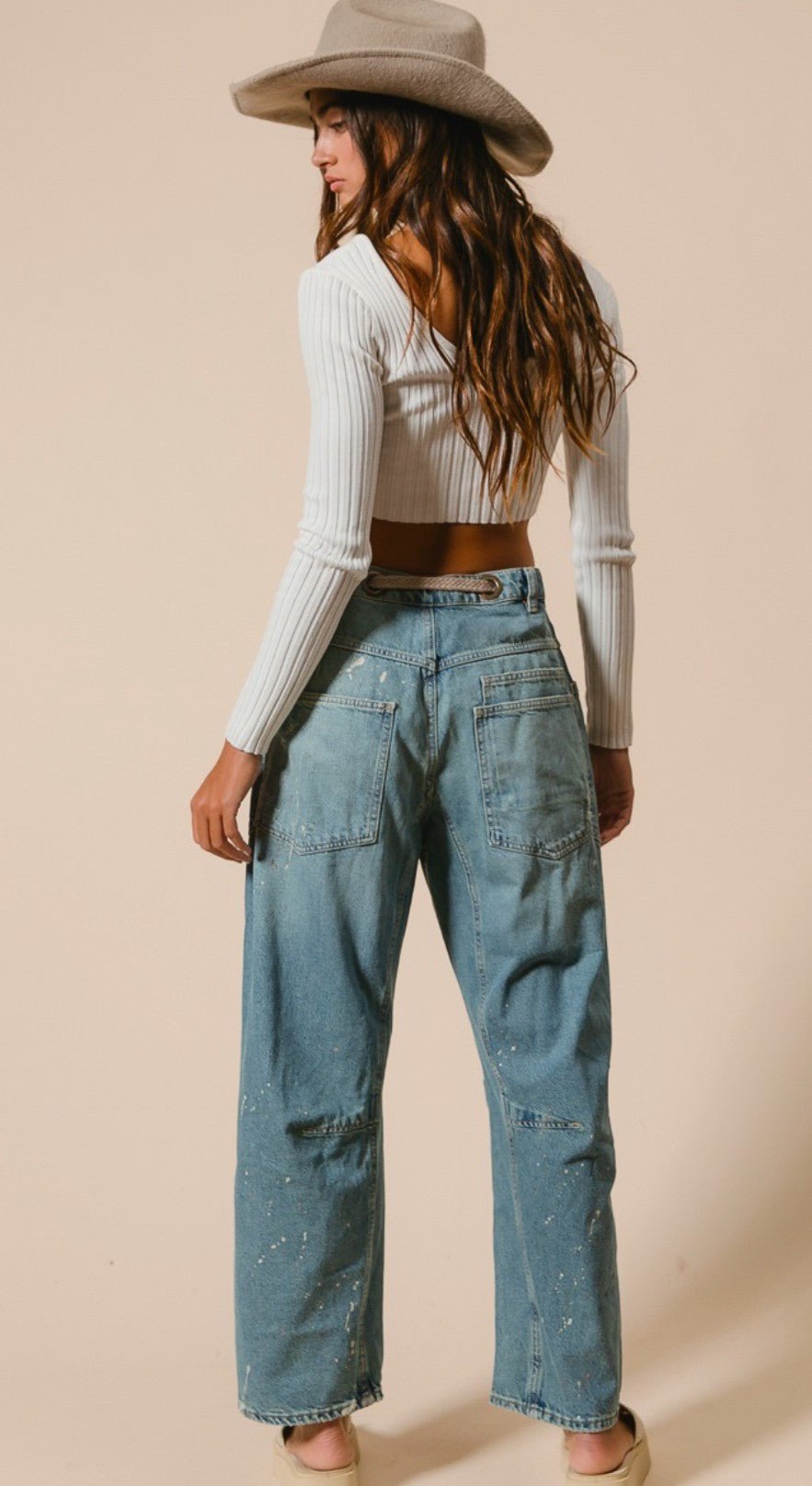 Braided Waist Belt Drip Paint Washed Denim Pants - DENIM & ONYX