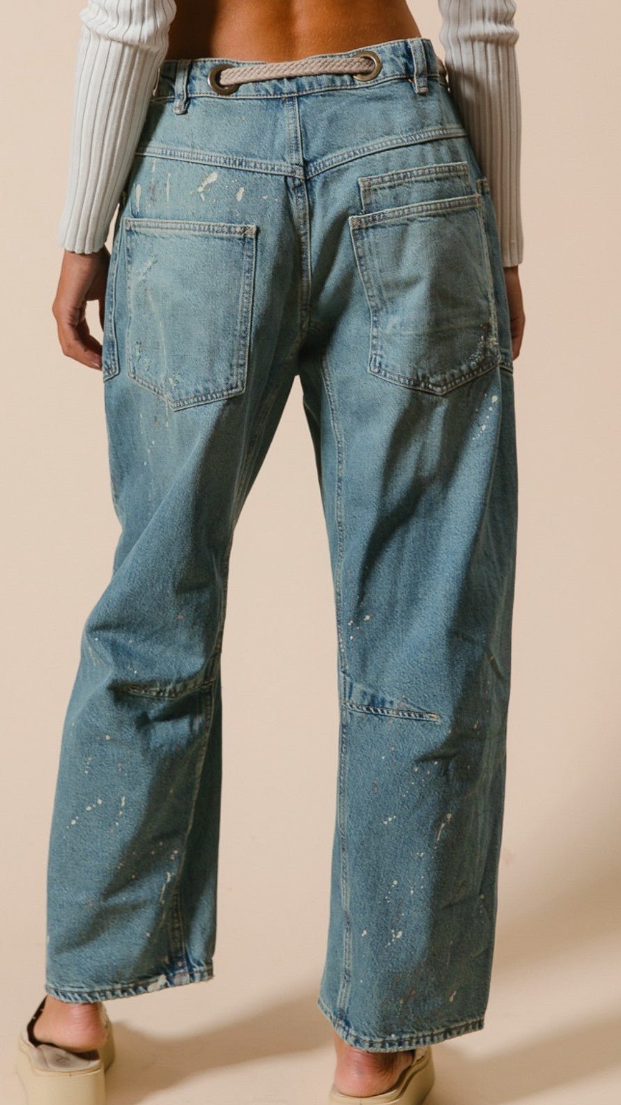 Braided Waist Belt Drip Paint Washed Denim Pants - DENIM & ONYX