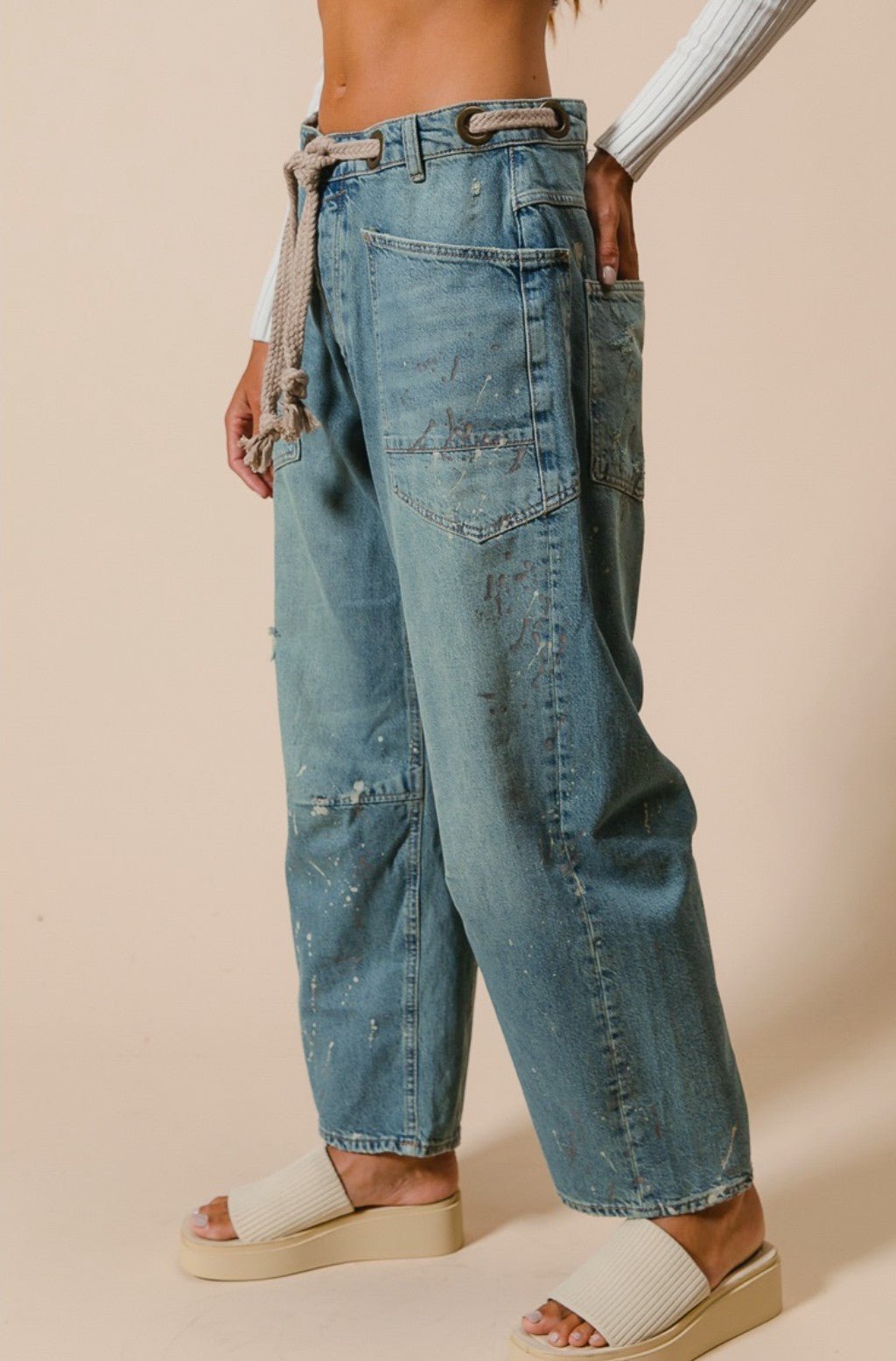 Braided Waist Belt Drip Paint Washed Denim Pants - DENIM & ONYX