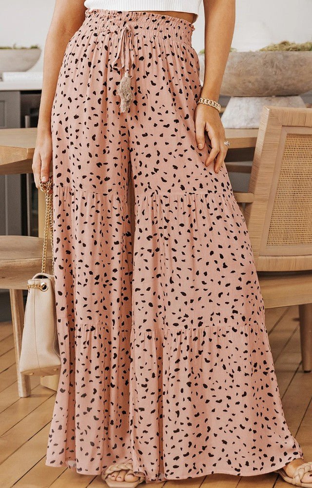 Brown Ruffle Wide Leg Dalmatian Palazzo Pants - DENIM & ONYX