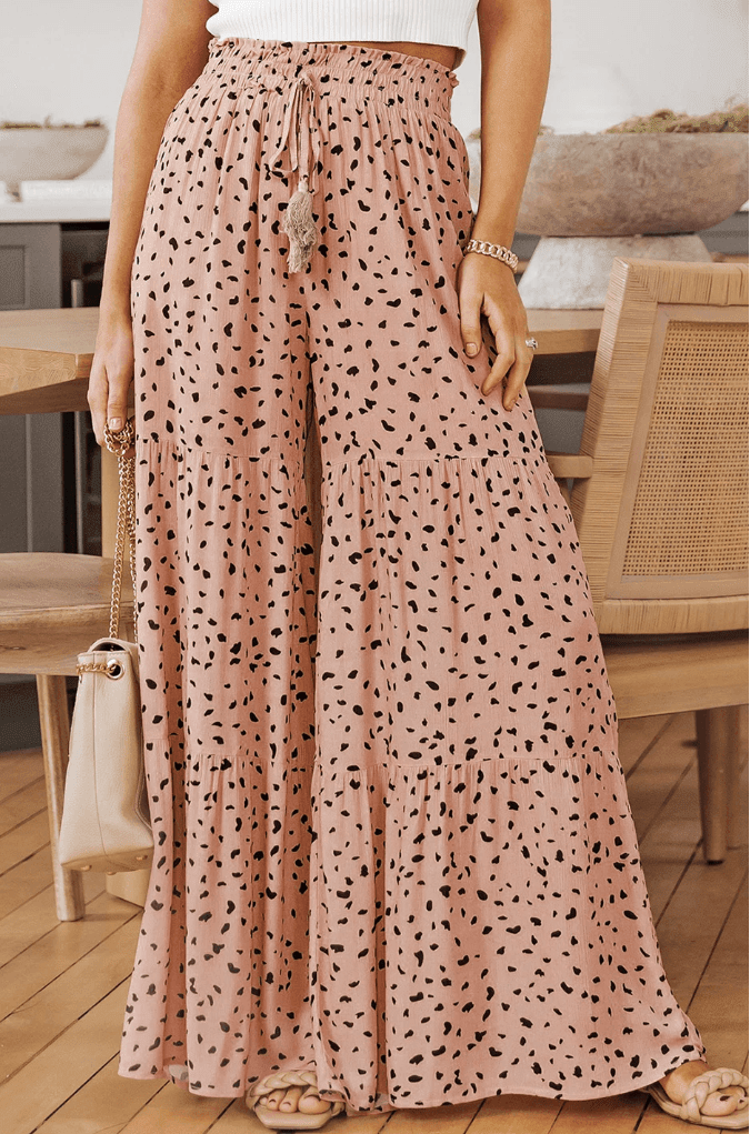 Brown Ruffle Wide Leg Dalmatian Palazzo Pants - DENIM & ONYX